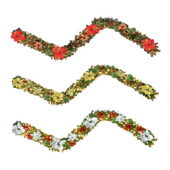180CM Artificial Christmas Garland with Light Simulation Flower Holly Berry Red Balls Fake Rattan Mantle Fireplace Porch Indoor Outdoor Decoration