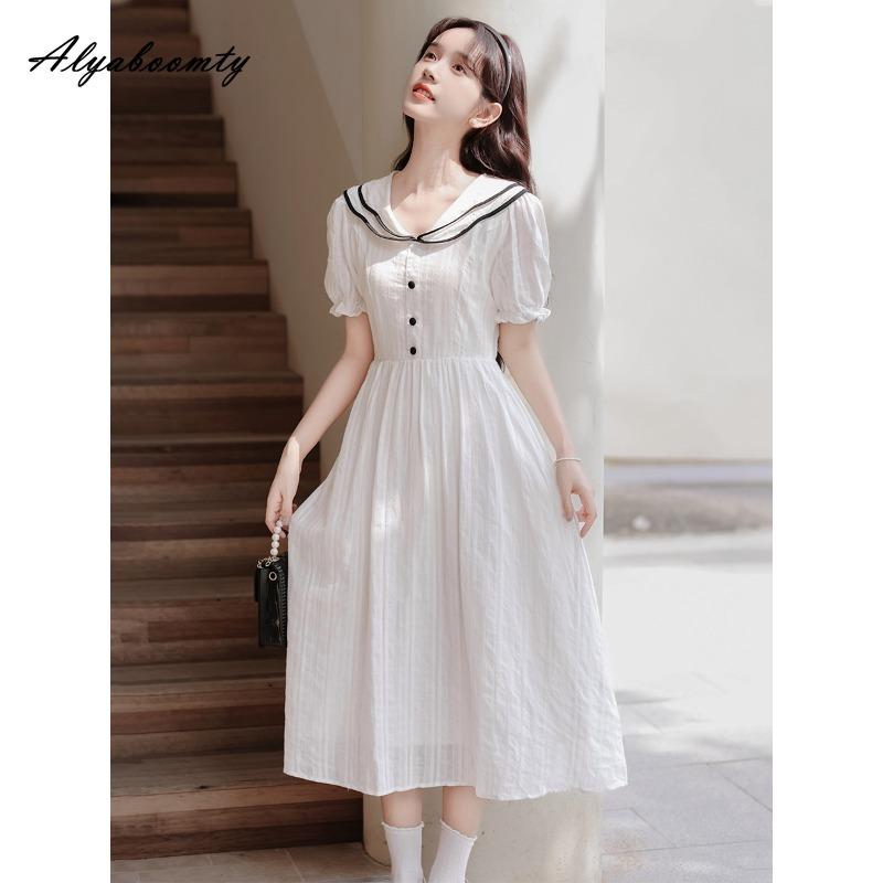 Japanese Preppy Style Summer Women White Dress Sailor Collar Jacquard Cotton Sweet Dress Short Sleeve Girl's Casual Midi Dress
