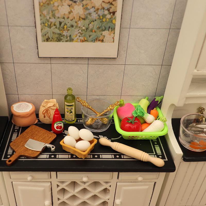 Dollhouse Miniature 3D Kitchen Scene with Food, Utensils, and Stove