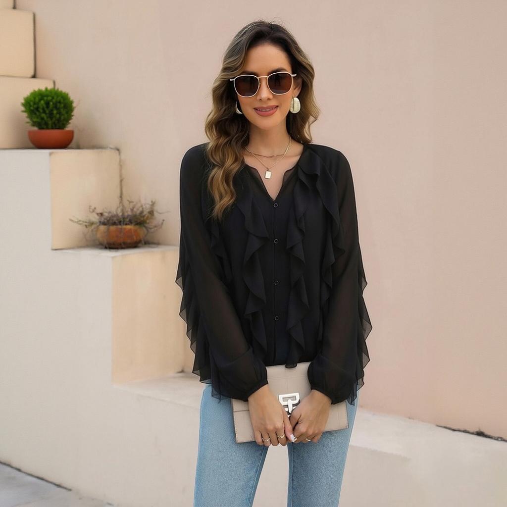 Women's V Neck Long Sleeve Blouse with Layered Ruffle Decoration Button Front Loose Fit Fashion Shirt Top for Casual Office Wear