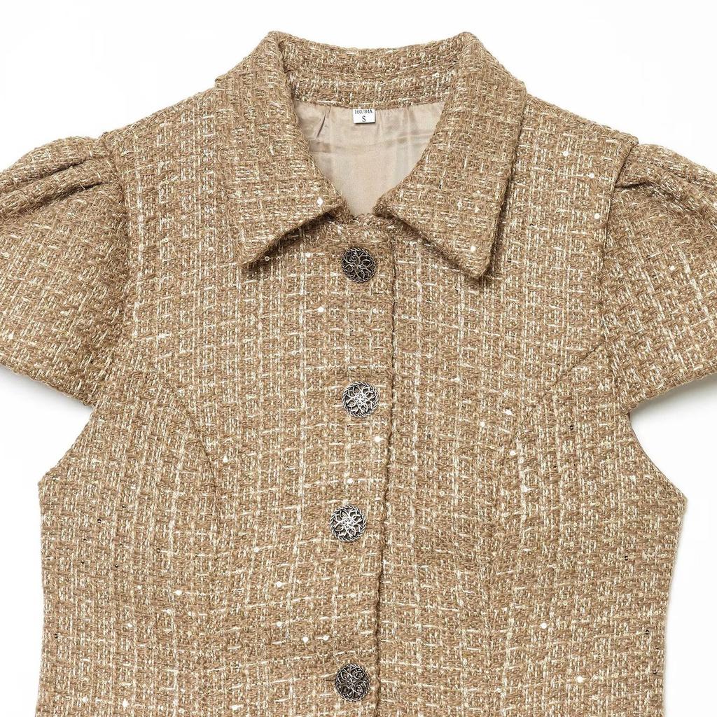 Spring and summer new women's clothing European and American style fashion slim lapel short sleeve sequin decorative woolen coat top