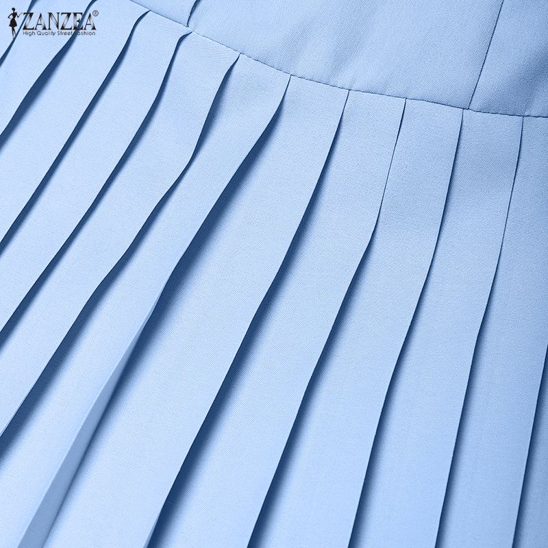 ZANZEA Women Casual Turn Down Collar Short Sleeve Pleated Dress