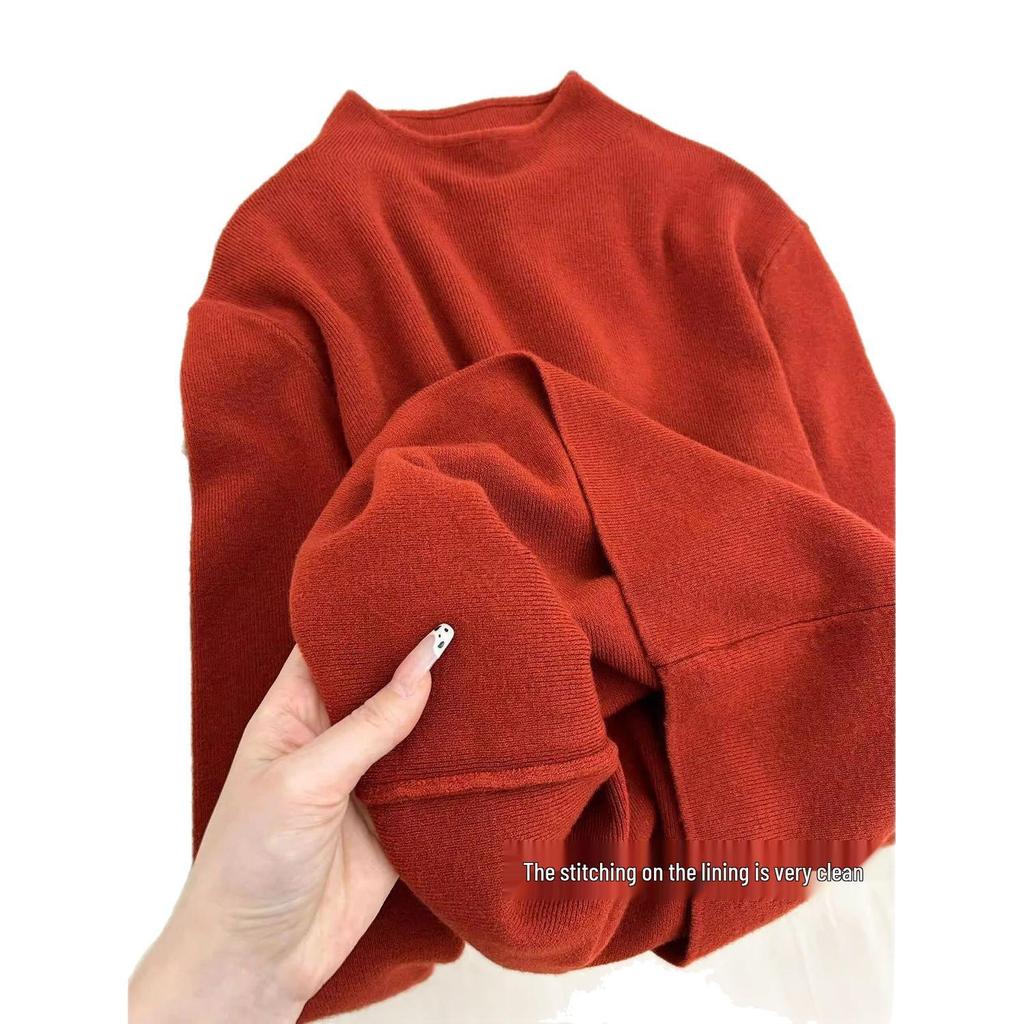 Women's Angora Red Anti-Aging Whitening Sweater | Autumn Winter Half-High Collar Long Sleeve Knit Top