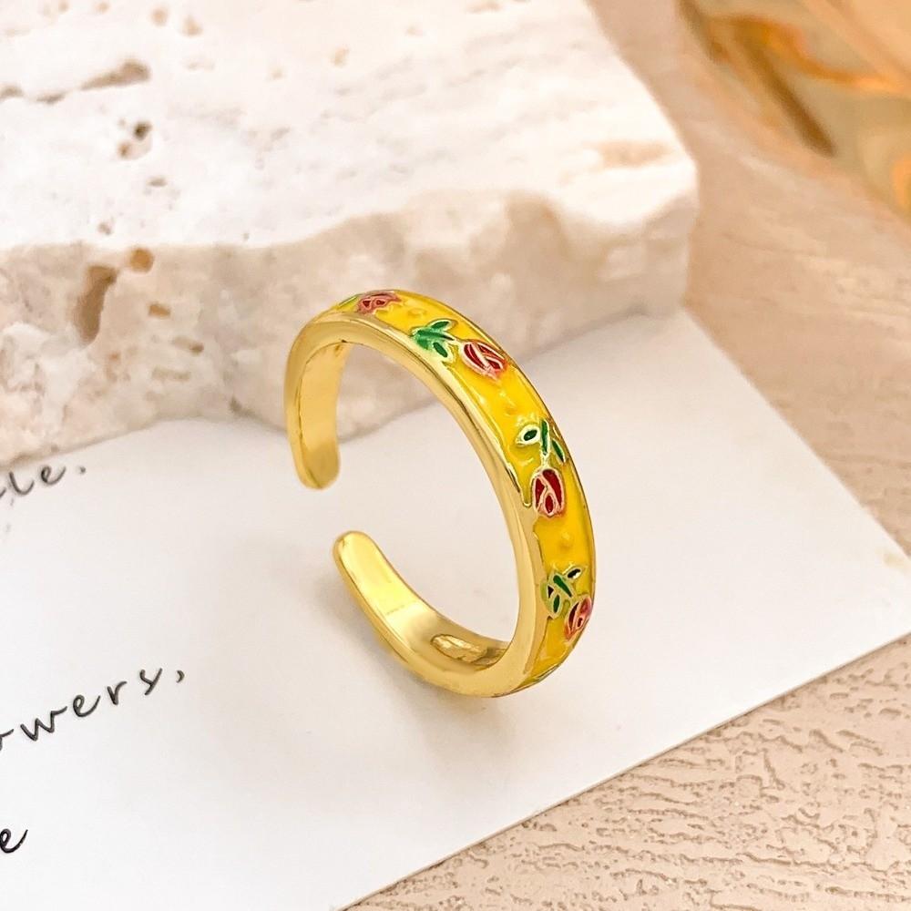 Unique Vintage Geometric Ring Flower Adjustable Tulip Ring Bohemian Enamel Open Ring Parties