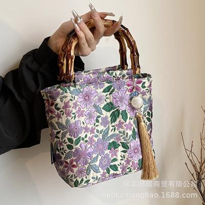 New Chinese Style National Style Bag Embroidered Jacquard Handbag Women's 2025 New Bamboo Joint Bag Large Capacity Handbag Tide