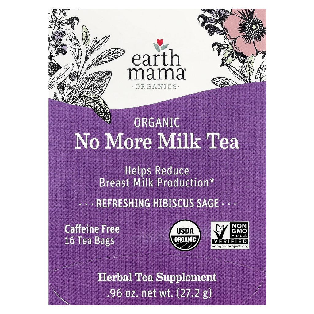 Organic No More Milk Tea, Refreshing Hibiscus Sage, Caffeine Free, 16 Tea Bags, 27.2G (0.96Oz)