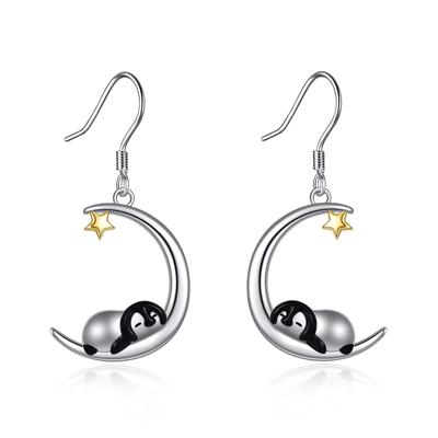 YFN Penguin 925 Hypoallergenic To Penguin Penguin Crescent Moon Drop Penguin Dangle Popular Penguin Gift for Her Earrings, Silver, Metal, Cute,