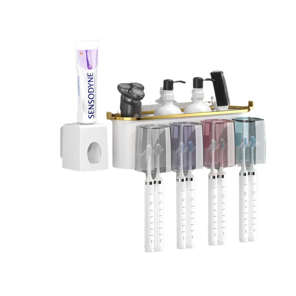 Gold Plated Wall-Mounted Toothbrush & Toothpaste Holder with Mouthwash Cup