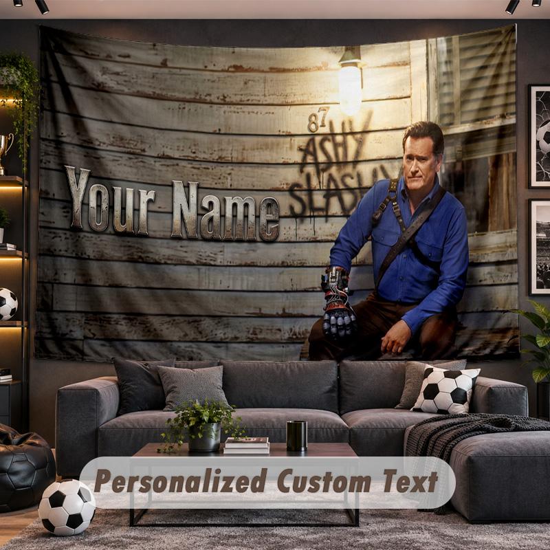 Evil Dead Ash Williams Personalisierte Wandteppich-Unterstützung mit individuellem Namen, Wandkunst Heimdekoration