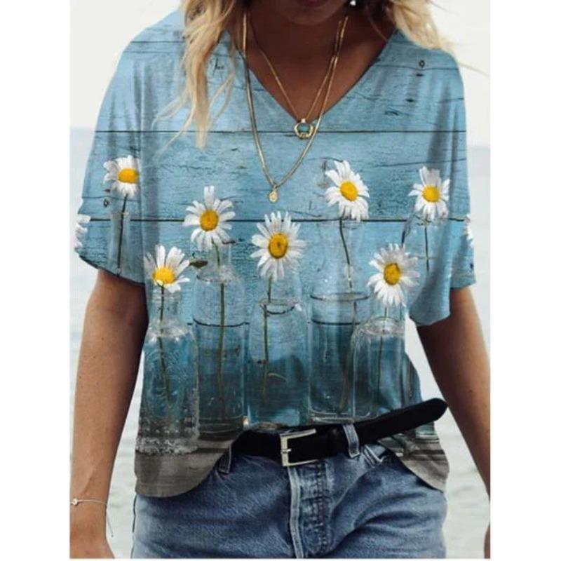 Summer Scenery Flowers Plants 3D Printed Short Sleeved T-shirt Women's Loose Short Sleeved Top V-neck T-shirt