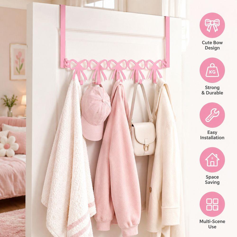 Pink Metal Hook Rack 5 Hooks Pink Bow Hooks Coquettish Over The Door Hooks Bedroom Decor