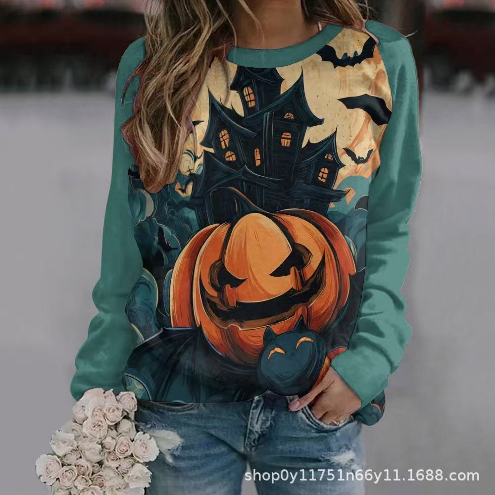 New Halloween Ladies Sweater 3D Digital Printing Pumpkin Bat Dark Pattern Crew Neck Long Sleeve Top