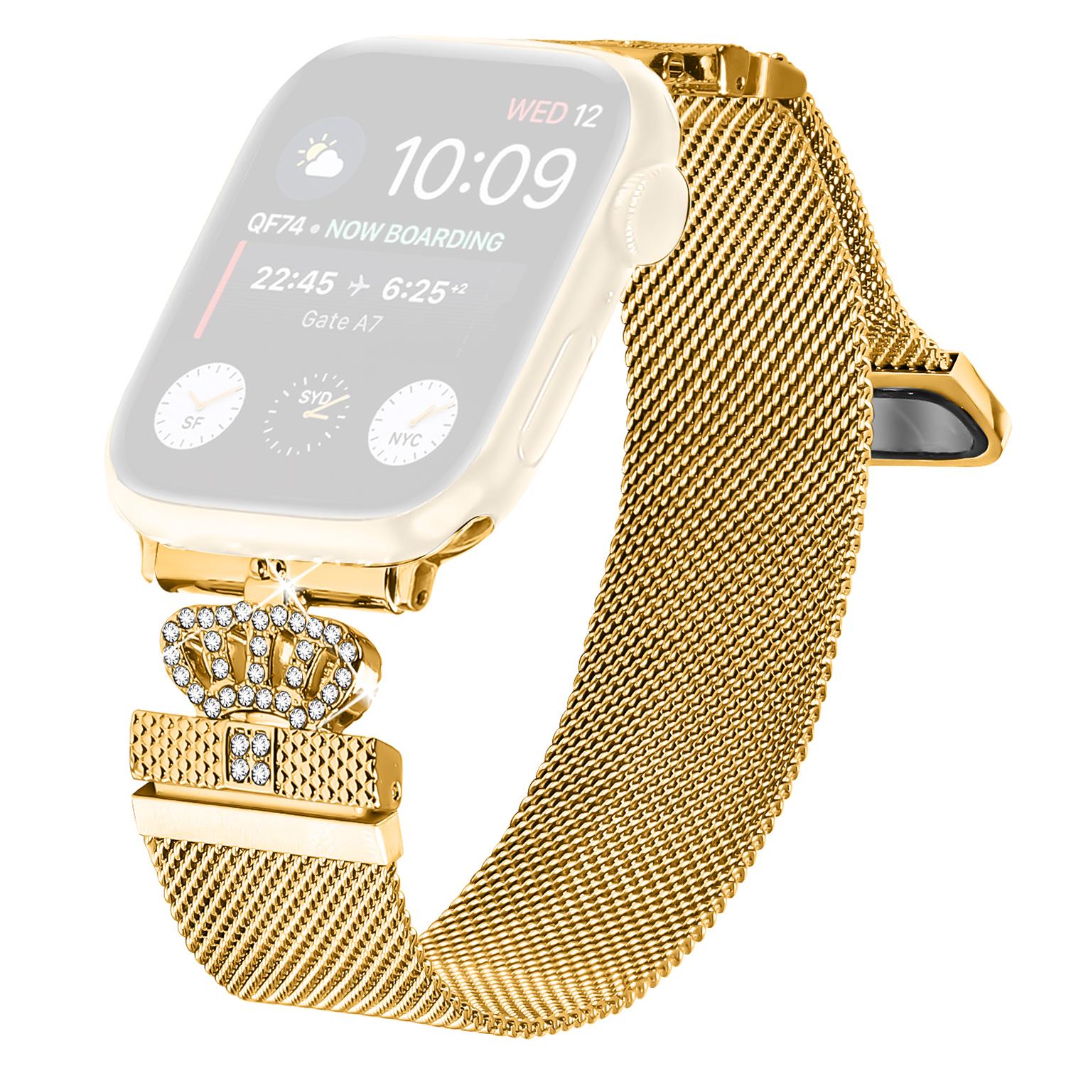 

Milanese Mesh Band For Apple Watch Series 10 9 8 7 SE 6 5 4 3 2 1 42mm 41mm 40mm 38mm Magnetic Crown Clasp Stainless Steel Strap Gold