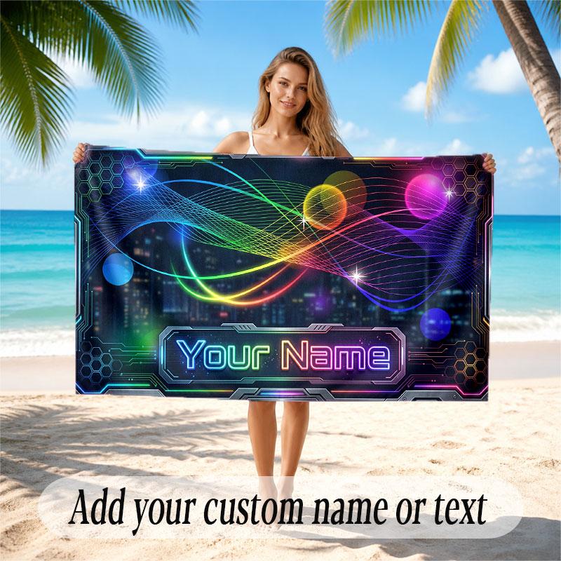 City Cyberpunk Theme Soft Beach Towel Personalized Custom Name Text Towel Portable for Beach Pool Travel
