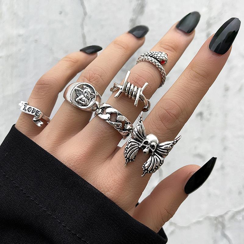 Vintage Punk Metal Multi Element Ring Set For Women Men Antique Silver Color Butterfly Snake Skull Finger Rings Gothic Jewelry