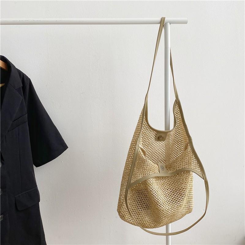 

Straw Woven Bag Women s Rattan Single-shoulder Mother Casual Hollow Pastoral Style Tote хакі