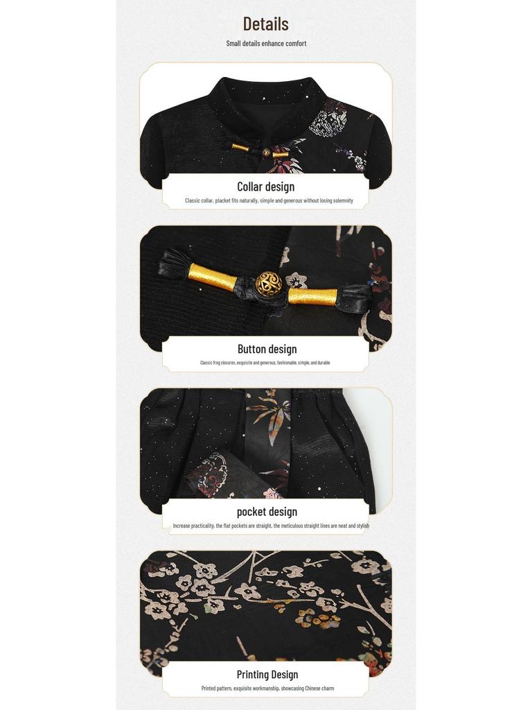 Nowy zestaw Hanfu dla chłopców w stylu chińskim z nadrukiem – Narodowy strój Tang z kołnierzykiem stójką na jesienne występy i do fotografii.