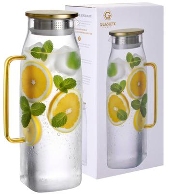 GLASKEY 2200ml Square Glass Pitcher for Refrigerator (with Lid and Handle) - Suitable for Ice Tea, Coffee, Juice, and Homemade Beverages - Dishwasher