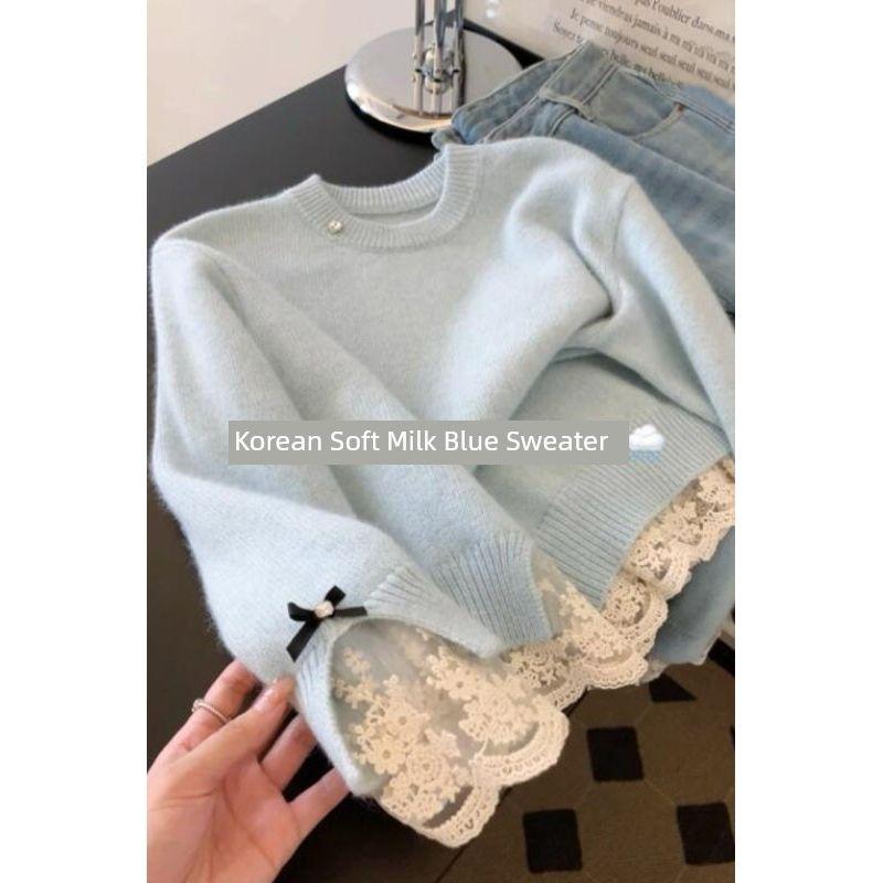 

Korean Series Super Nice Milk Huhu Sweet High Sense Sweater Women Autumn and Winter Soft Glutinous Lace Edge Top Inner wear Bottoming Shirt Blue M