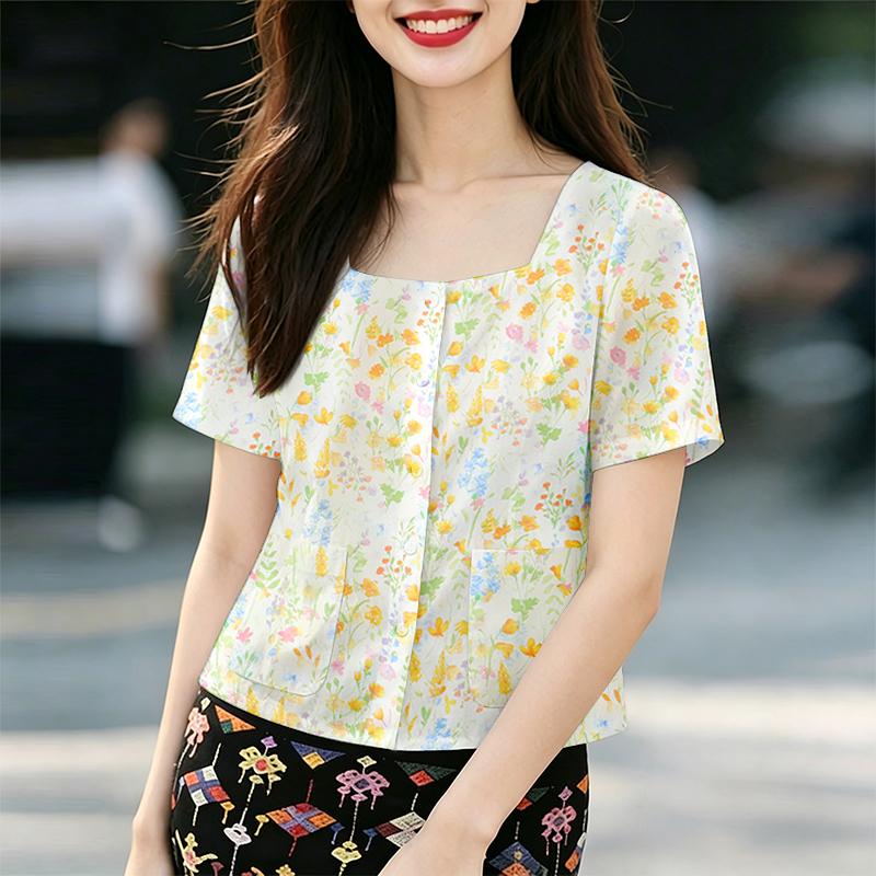 ZANZEA Women Floral Print Casual Square Collar Summer Short Sleeve Blouse S