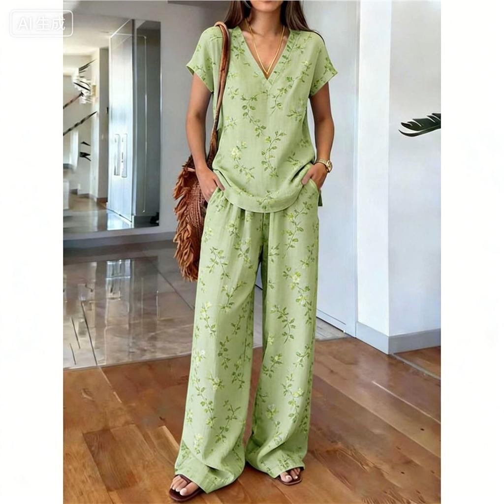 1116 Summer Vintage Print Set Elegant V-Neck Cut, Loose Wide Leg Pants Atmosphere Vacation Two-piece Set Women