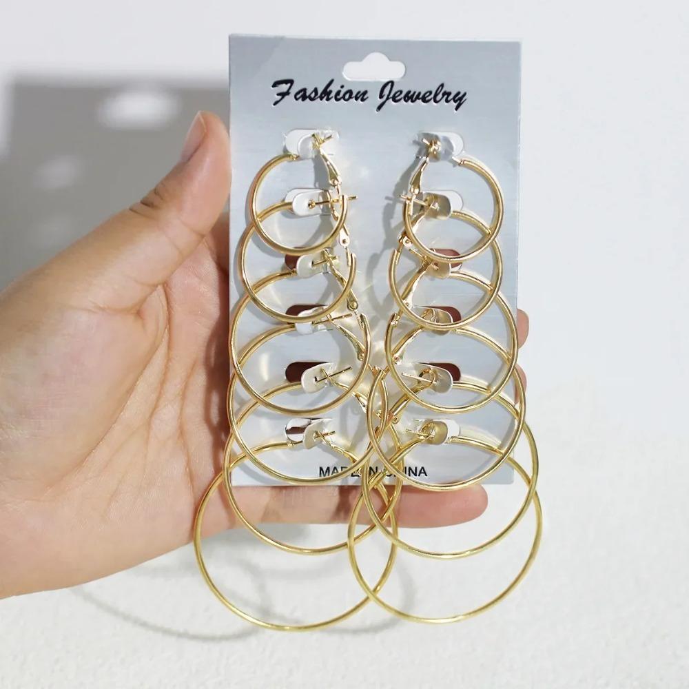 6 Pairs Big Hoop Earrings Set, Gold & Silvery Metal Round Circle Earrings, Hyperbole Minimalist Daily Jewelry for Women