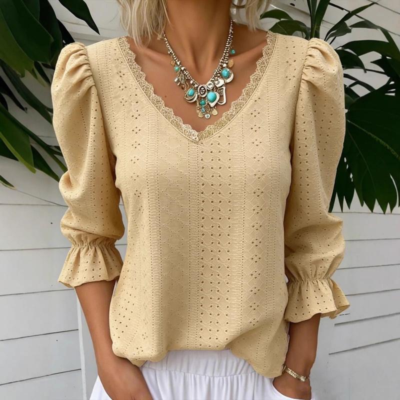 2026 Spring New Women's V-neck Hollow Casual Mid-sleeve Solid Color Top