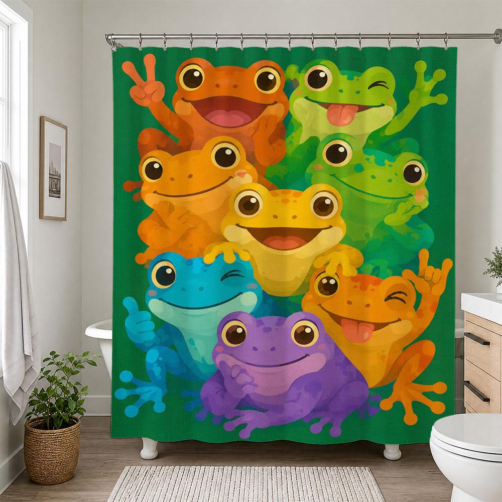 Lebendige Froschfamilie Duschvorhang Lustige Tropische Dschungel Badezimmer Dekoration Cartoon Tierdruck