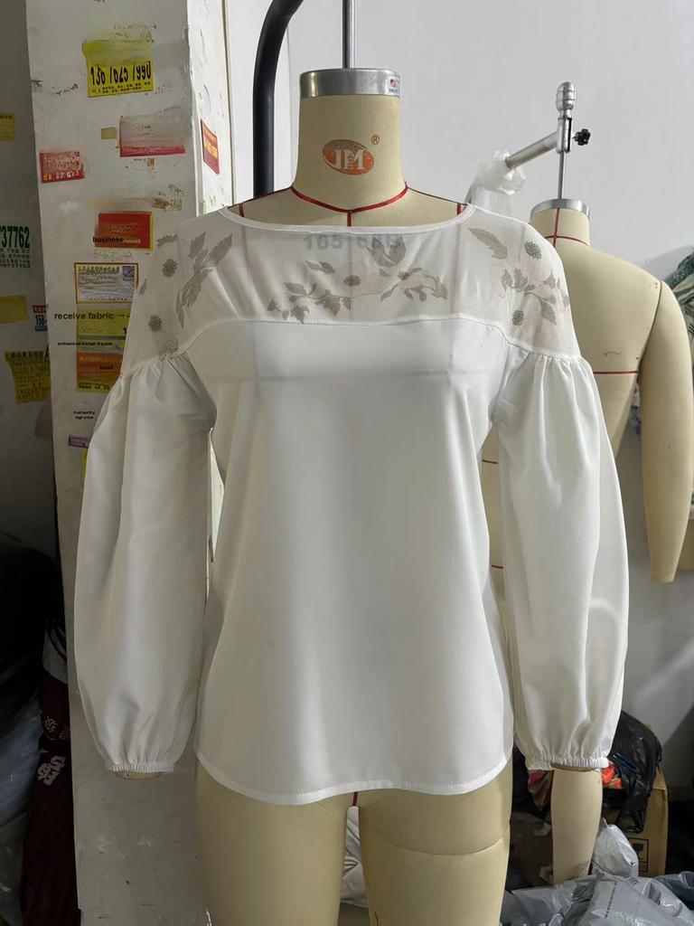 Camisa de Gasa para Mujer Ins de Manga Larga con Cuello Redondo, Retazos de Malla, Estampado Digital