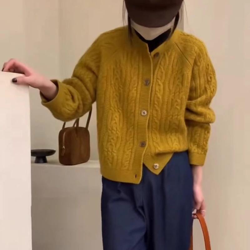 Women's Retro Wool Cardigan Sweater, Autumn/Winter, Thick, Single-Breasted, Round Neck, Cable Knit