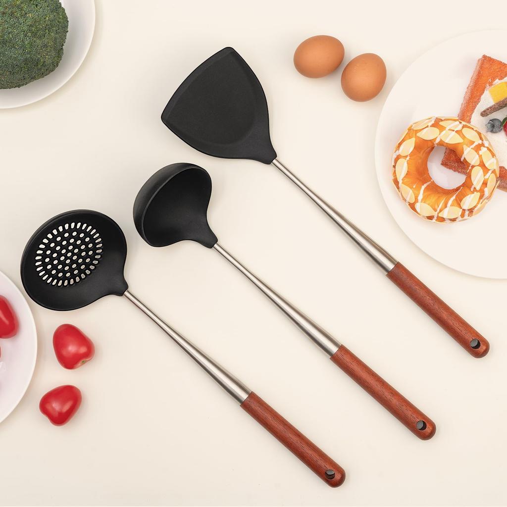 FJNATINH 3-teiliges Wok-Utensilien-Set: Schöpfkelle, 304 Edelstahl Wok-Spatel, Walnuss mit Silikagel-Kopf