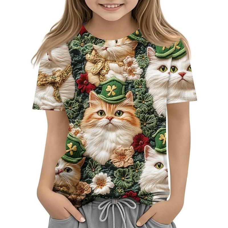 Fashionable Summer Trendy High-quality Four Leaf Clover Pattern Children's Women's Short Sleeved Round Neck T-shirt