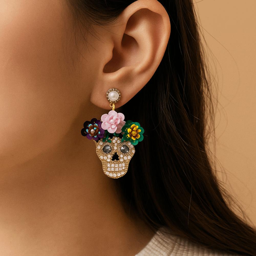 Personality Vintage Earring Rhinestone Glitter Skeleton Stud Earrings  Women