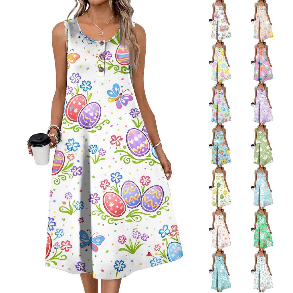 Women Fashion Casual Sleeveless Button Easter Print Dress With Pocket