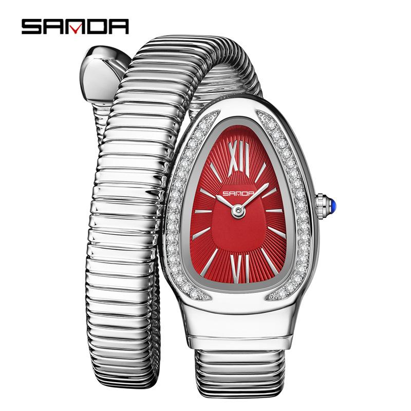 SANDA Fashion Women's Quartz Watch Serpentine Inlaid Diamond Women's Watch Retro Light Luxury Women's Quartz Watch