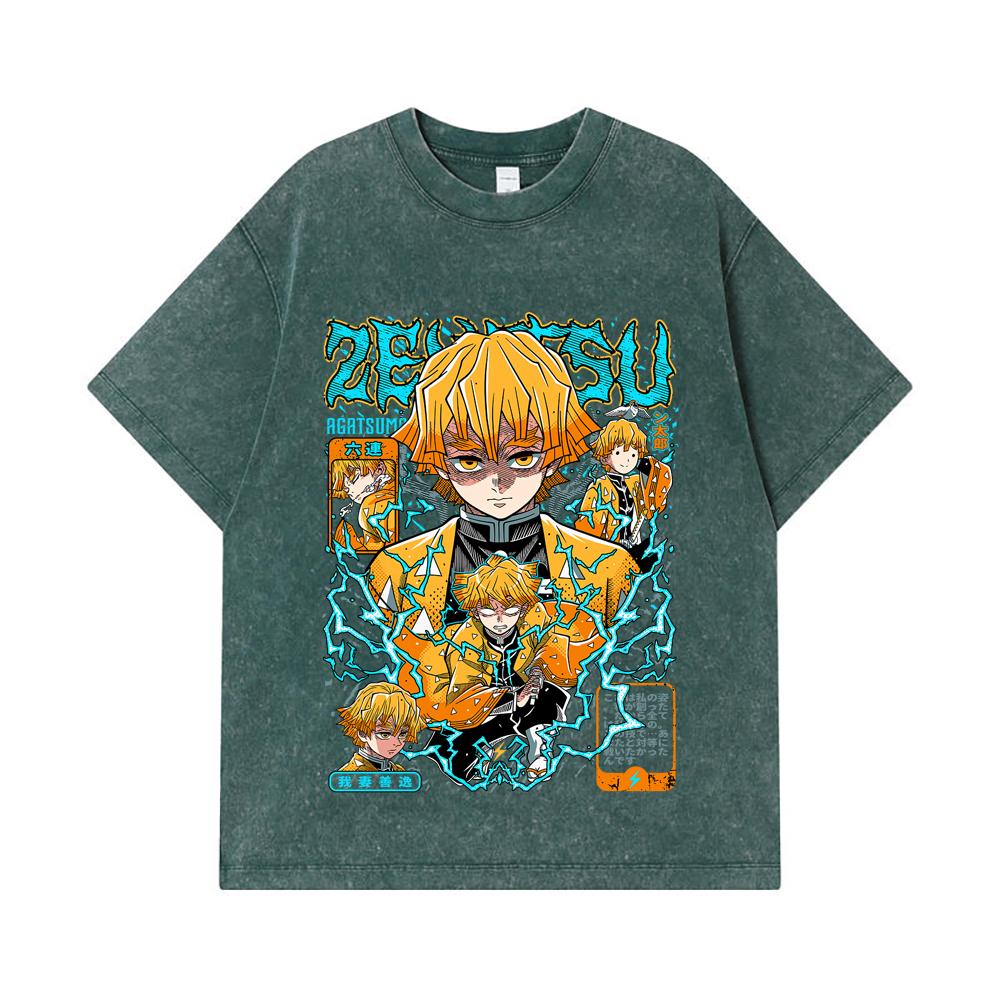 275 GSM Gewaschene T-Shirts 100% Baumwolle Demon Slayer V100 Zenitsu Print Unisex Schweres Baumwoll-T-Shirt
