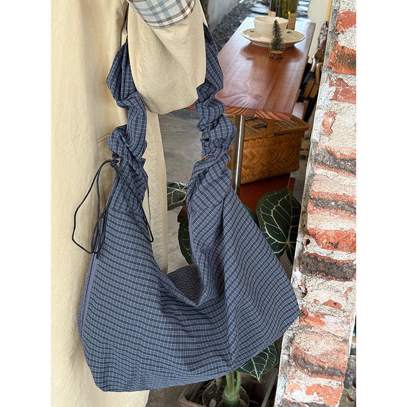 2025 Korean Retro Plaid Canvas Drawstring Tote - Large Commuter Shoulder/Crossbody Bag
