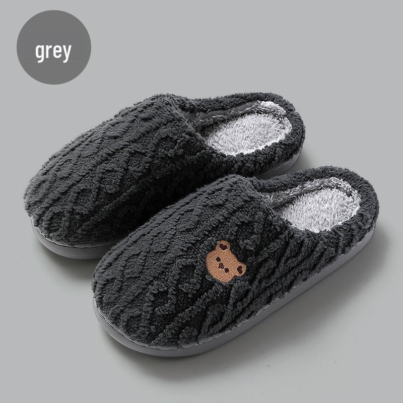 Cozy Cartoon Bear Indoor Cotton Slippers for Couples - Warm Plush Winter Footwear for Men & Women