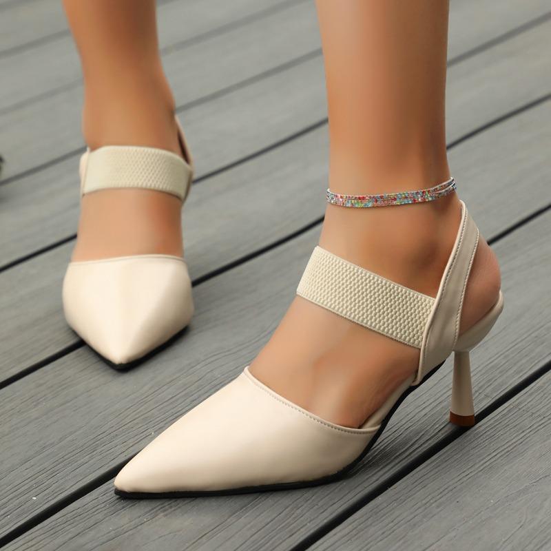 Fashion 2024 Summer New Style Shallow Mouth Elastic Sleeves Stiletto Sandals Women's Casual Fashion Pointed Toe Bao Toe Sandals