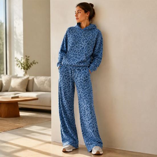 Comfortable Women Tracksuit Leopard Print Hoodie & Pants, Hooded Sweatshirt with Kangaroo Pocket, Casual Retro Outfits Wide Leg Loose Two Piece Lounge