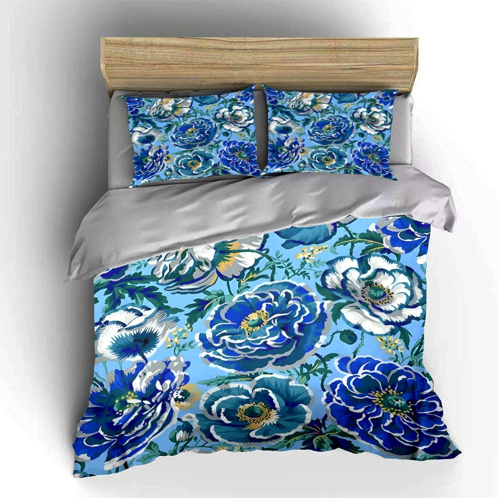 Blue Floral Pattern Design Bedding Duvet Cover Set (1*Duvet Cover 2*Pillowcases, Without Duvet Insert)