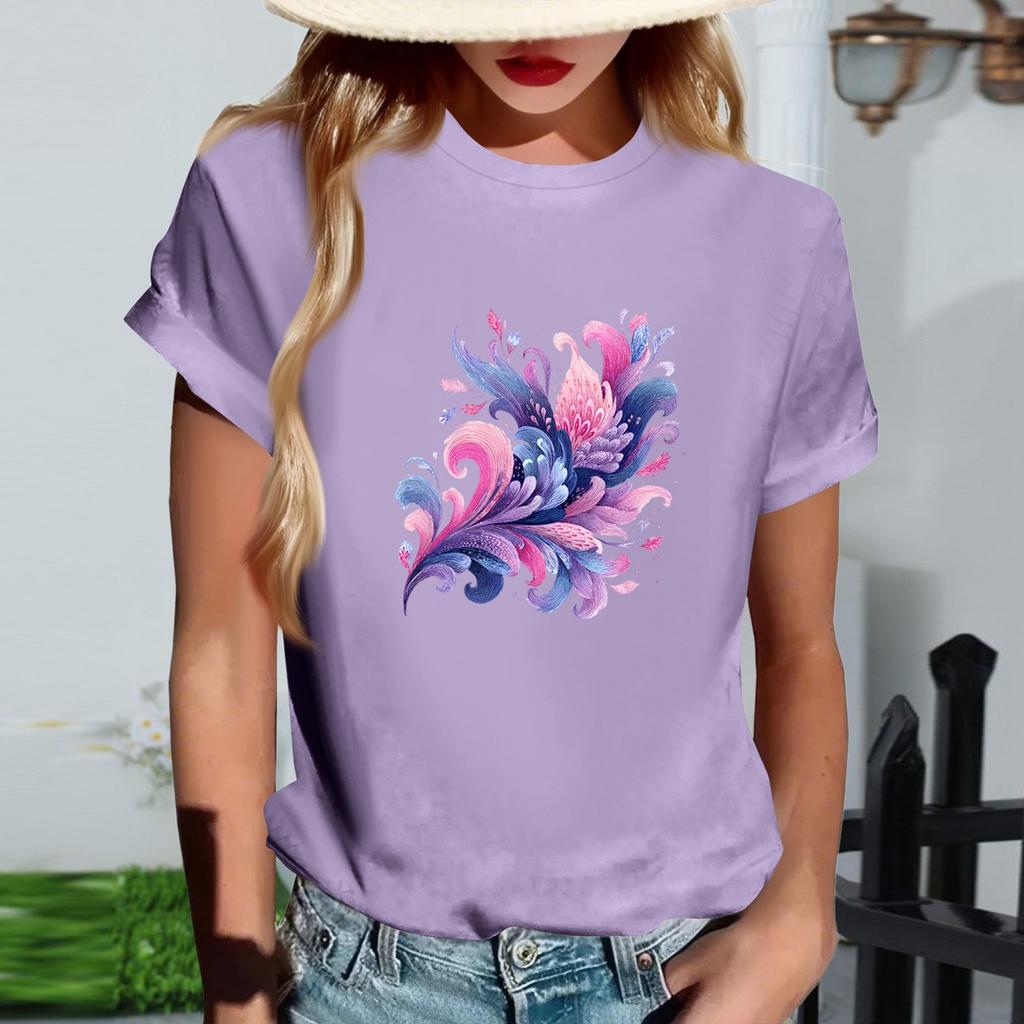 Women's Fashionable Round Neck Casual Retro Print Short Sleeved T-shirt Top