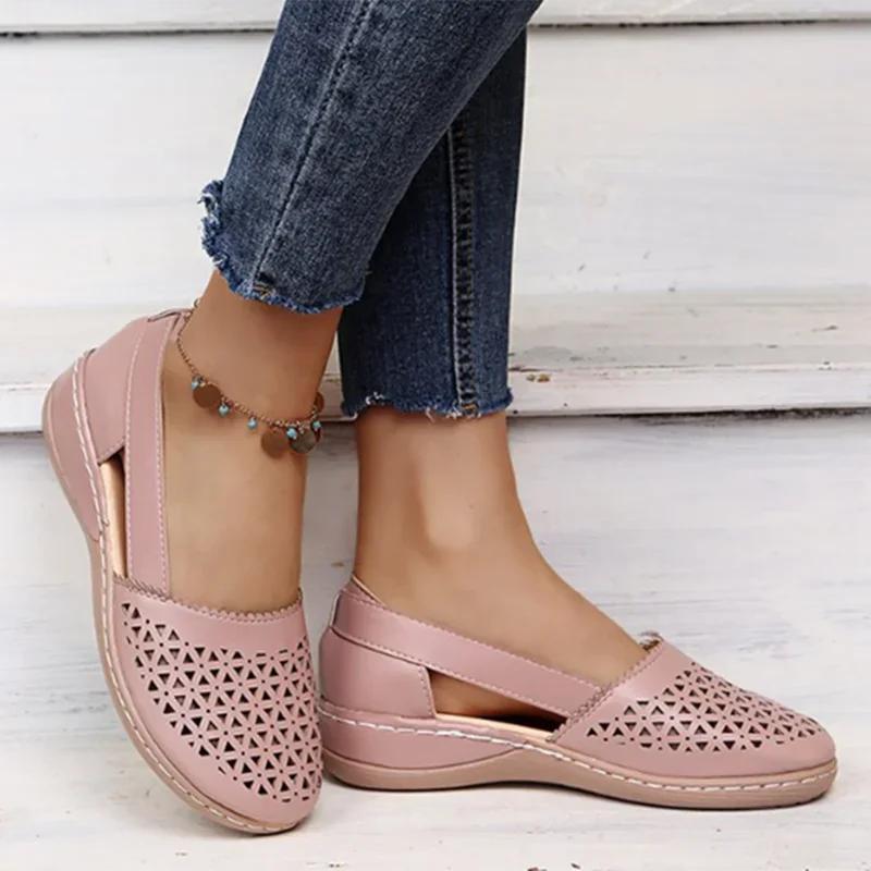Rimocy Pink Leather Hollow Out Loafers Women 2025 Autumn Slip On Wedges Sneakers Women Plus Size 35-44 Casual Flats Shoes Woman