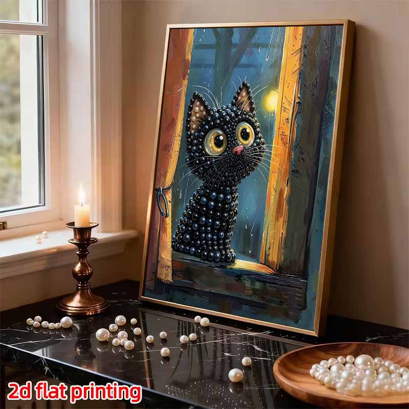 DIY Framed Pearl Bead Art Kit Black Cat Rainy Window Pattern Sparkling Canvas Painting Relaxing Handmade Craft Gift for Home Wall Decor Art Project
