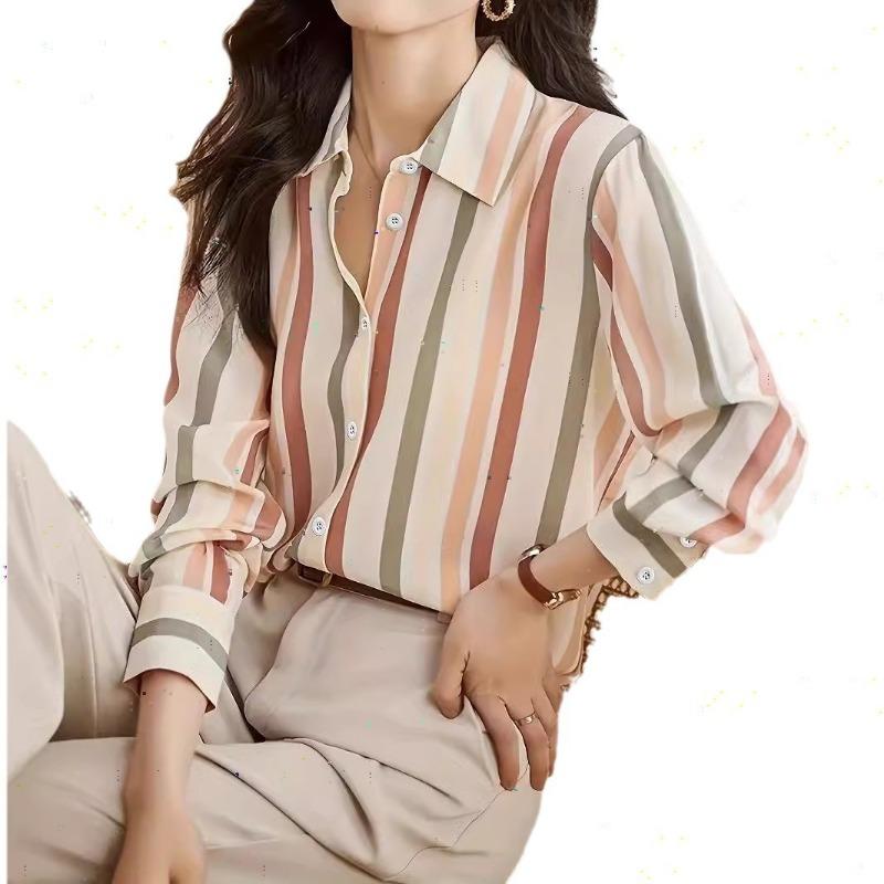 Women's Fashion Casual Spring Fall Stripe Print Long Sleeve POLO Neck Blouses & Shirts