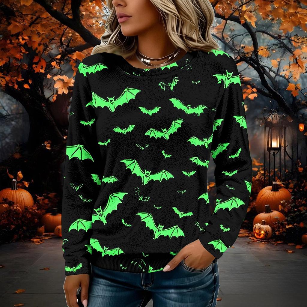 Women's Flannel Long Sleeve Top with Halloween Print Neck Pullover Shirt