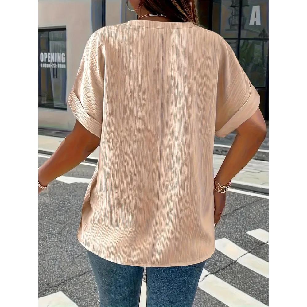 Elegant Casual T-Shirt - Women's Plus Size - Plus Size - New European and American - Spring/Summer Short Sleeve - Button Solid Color