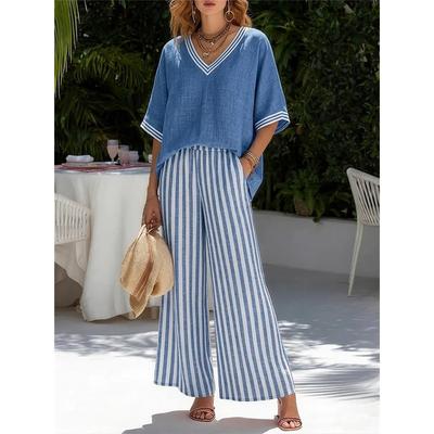 Women Striped 2 Piece Set V Neck Short Sleeve Blouse Wide Leg Pants Casual Outfit
