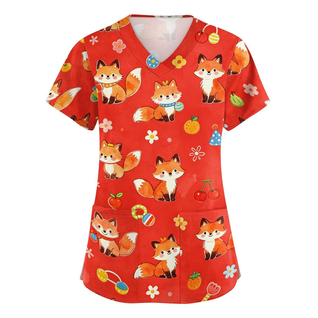 Damen V-Ausschnitt Kurzarm Arbeits-Top mit Taschen Tierprint Professionelle Uniform Pflegekittel für medizinisches und Pflegepersonal