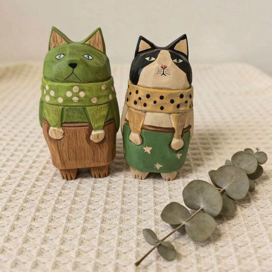 Wooden Hand-Carved Cat Figurine, Artistic Kitten Ornament, Rustic Collectible Kitty Sculpture, Unique Desktop Ornament Birthday Gift for Friends Cat